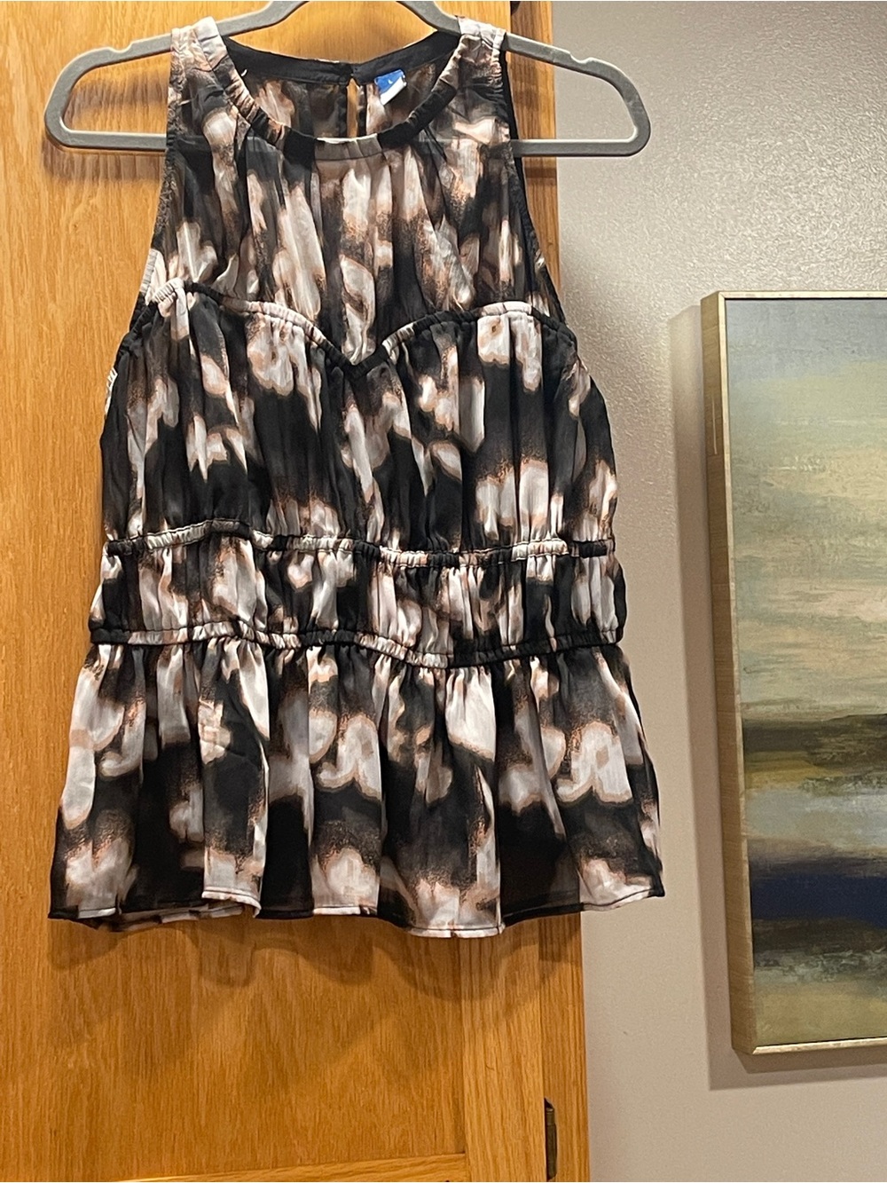 Old Navy | Black and Cream Abstract Tiered Shirt | Size L | Sheer Flowy abstract